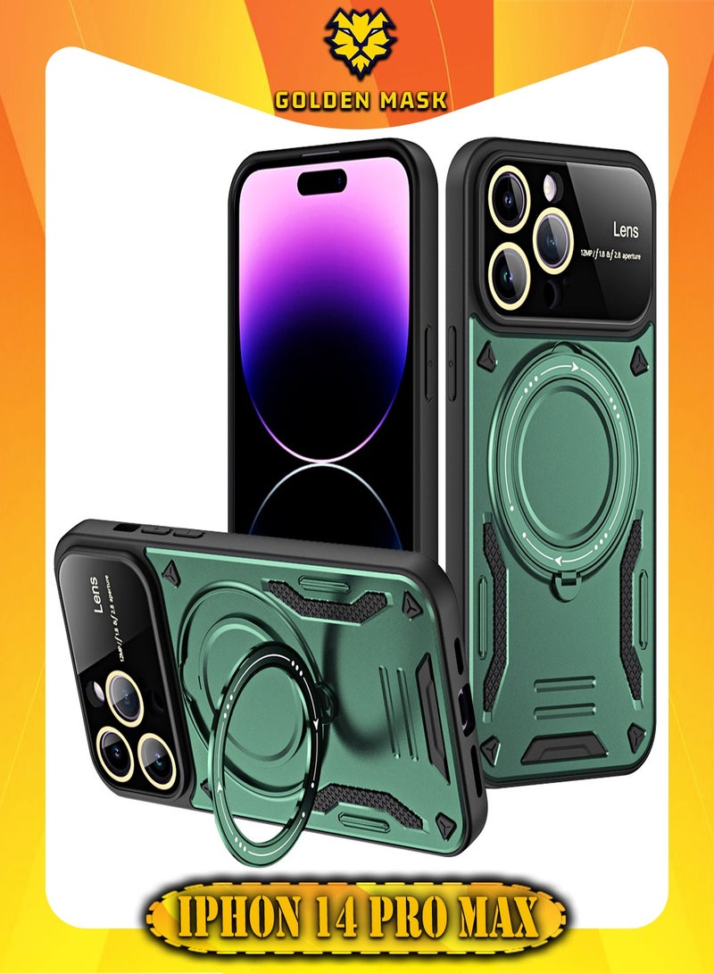 جولدن ماسك لهاتف ايفون 14 برو ماكس (iPhone 14 Pro Max) جراب حماية عدسات كاميرات الموبايل مع حلقة مغناطيسية تدعم الشحن اللاسلكي  - (أخضر)
