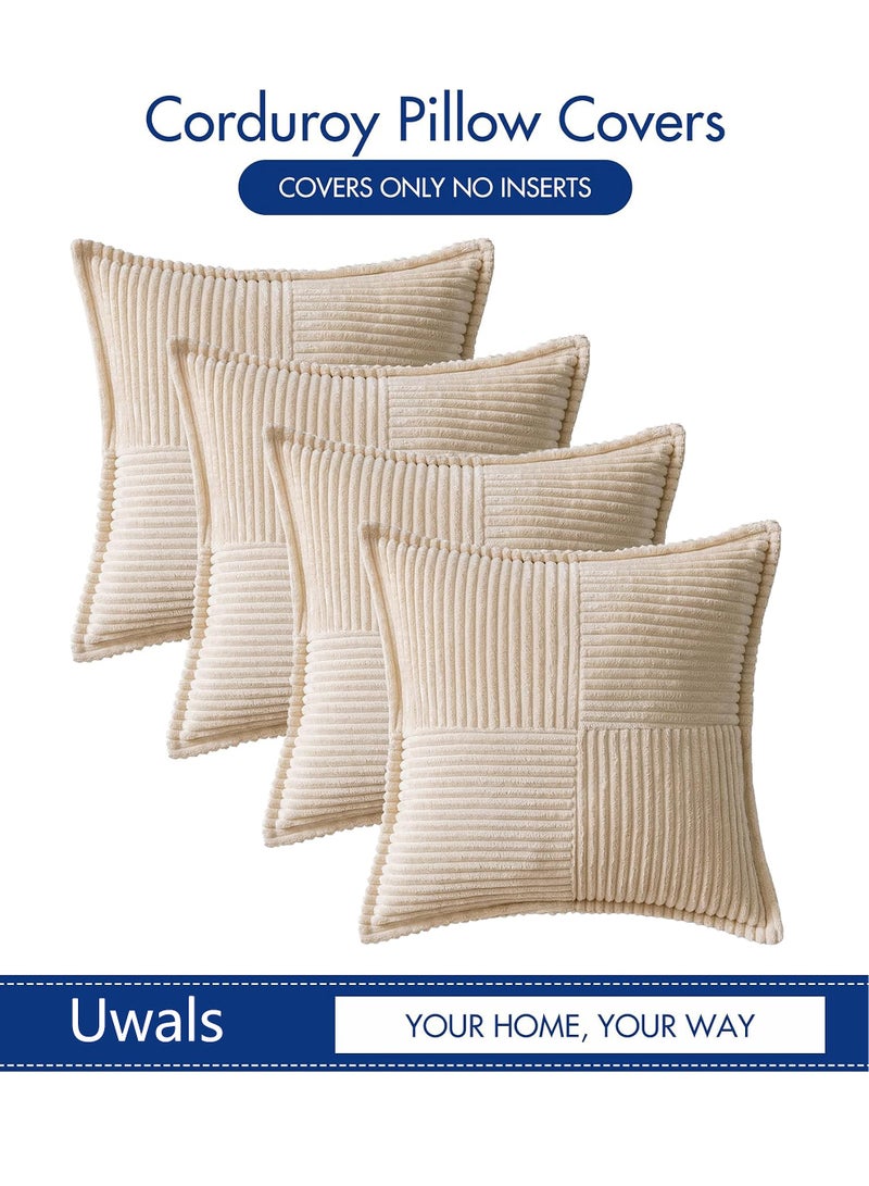 Uwals 4 Pack Corduroy Pillow Covers with Splicing Super Soft Boho Striped Pillow Covers Broadside Decorative Textured Christmas Throw Pillows for Couch Cushion Livingroom 45x45CM - Beige - Image 4