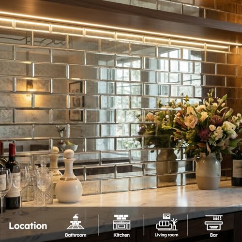 Diflart Mirror Peel and Stick Tile, Light Antique, 3x6 Inch, Beveled Mirror Subway Backsplash for Kitchen Bar Bathroom Wall Tile (5 Sq.ft, 40 Pcs) - Image 2