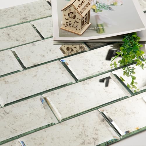 Diflart Mirror Peel and Stick Tile, Light Antique, 3x6 Inch, Beveled Mirror Subway Backsplash for Kitchen Bar Bathroom Wall Tile (5 Sq.ft, 40 Pcs) - Image 1