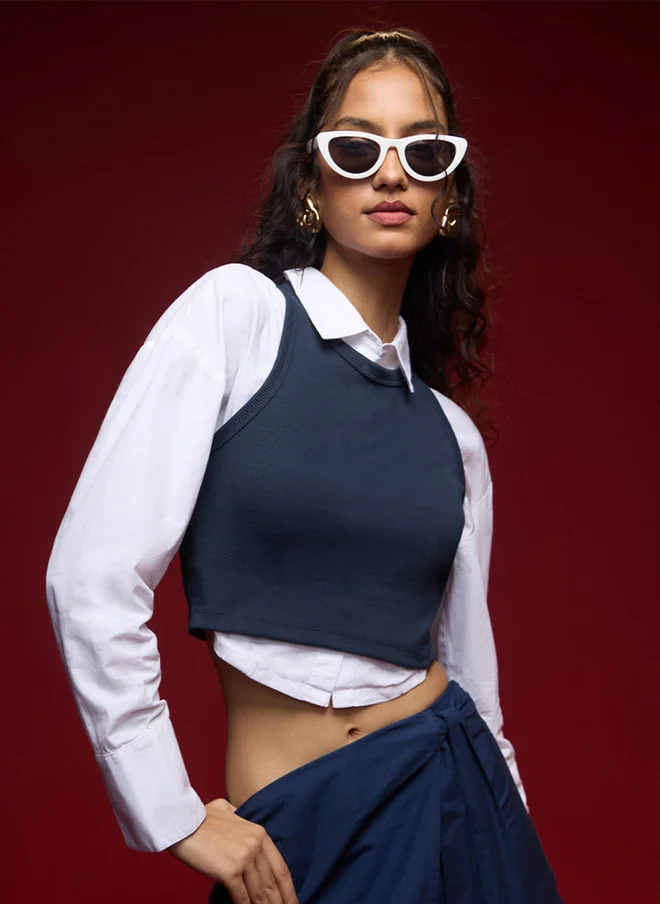The Souled Store Women Slim Fit Solid Blue Tank Top
