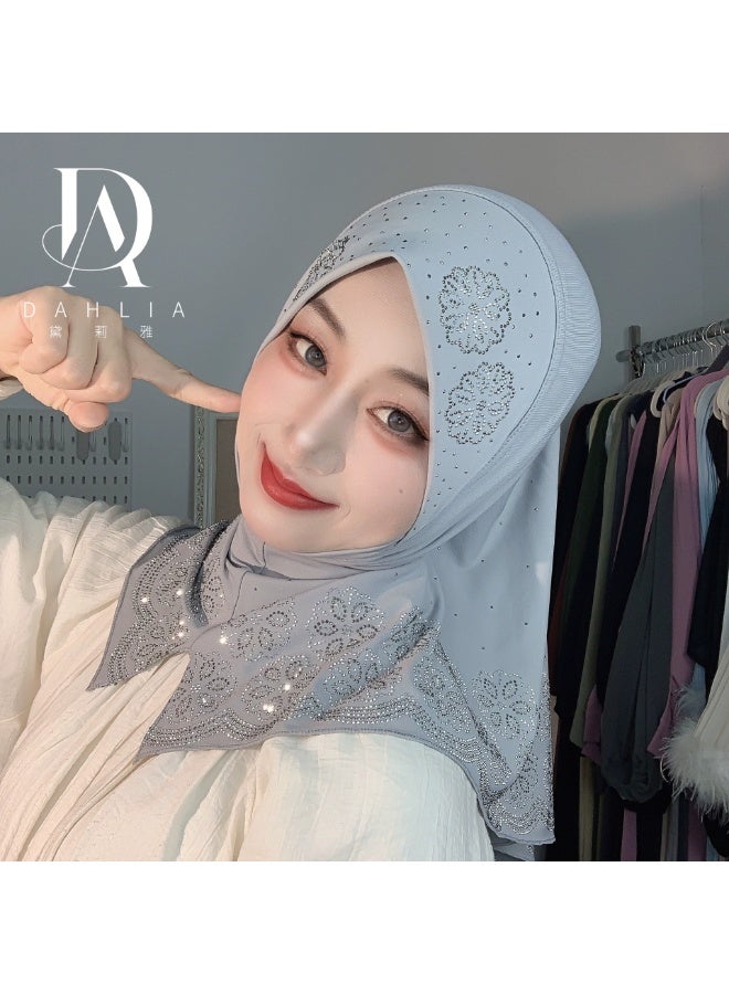 هنفير حجاب نسائي فوري قطعة واحدة للصيف، نقش زهري بكريستالات ساخنة فاخرة، تصميم رقبة منقسمة، وشاح رأس سهل الارتداء من قماش مرن، حجاب عصري متعدد الاستخدامات، يتوفر بألوان متعددة. يرجى تحديد اللون المفضل عند تقديم الطلب. - Image 3
