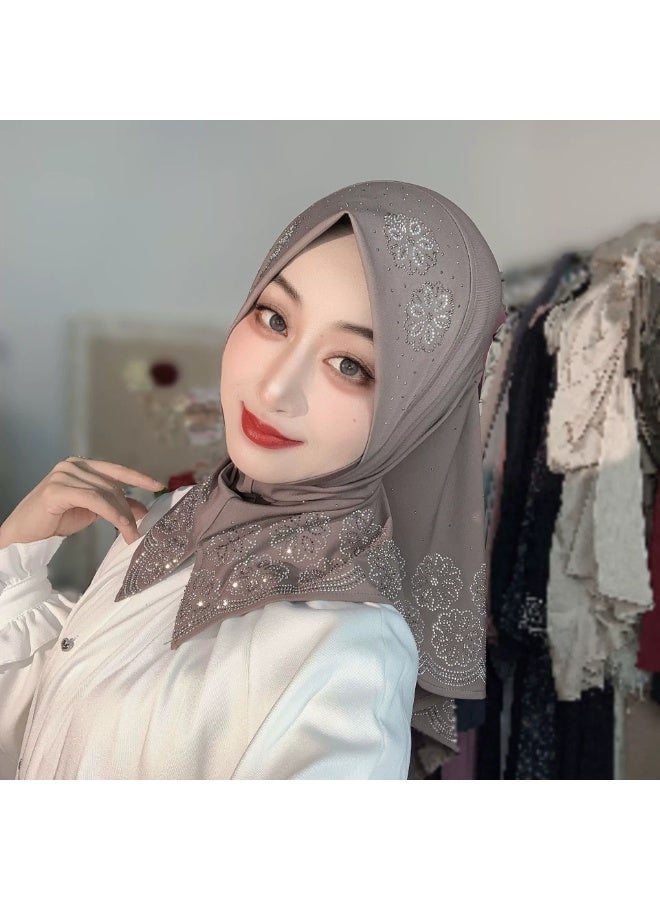 هنفير حجاب نسائي فوري قطعة واحدة للصيف، نقش زهري بكريستالات ساخنة فاخرة، تصميم رقبة منقسمة، وشاح رأس سهل الارتداء من قماش مرن، حجاب عصري متعدد الاستخدامات، يتوفر بألوان متعددة. يرجى تحديد اللون المفضل عند تقديم الطلب. - Image 5