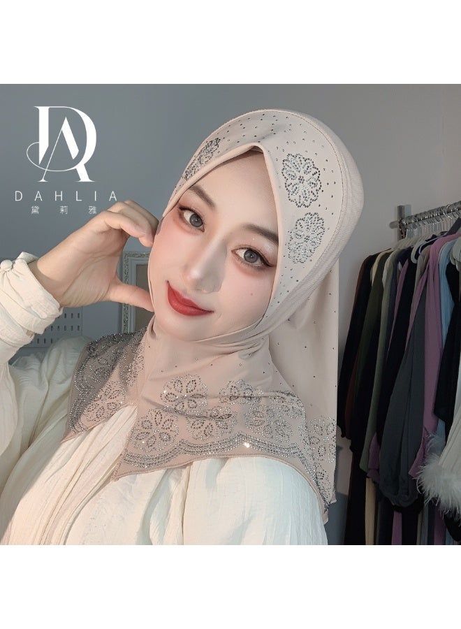 هنفير حجاب نسائي فوري قطعة واحدة للصيف، نقش زهري بكريستالات ساخنة فاخرة، تصميم رقبة منقسمة، وشاح رأس سهل الارتداء من قماش مرن، حجاب عصري متعدد الاستخدامات، يتوفر بألوان متعددة. يرجى تحديد اللون المفضل عند تقديم الطلب. - Image 1