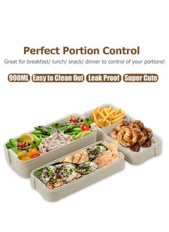 Arabest Bento Box for Adults, 3-In-1 Meal Prep Container, 900ML Japanese Lunch Box with Compartment, Wheat Straw, Leak-proof, Spoon & Fork, BPA-free (Beige)  - Image 2