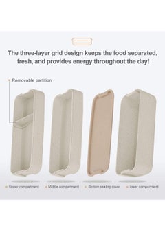Arabest Bento Box for Adults, 3-In-1 Meal Prep Container, 900ML Japanese Lunch Box with Compartment, Wheat Straw, Leak-proof, Spoon & Fork, BPA-free (Beige)  - Image 3