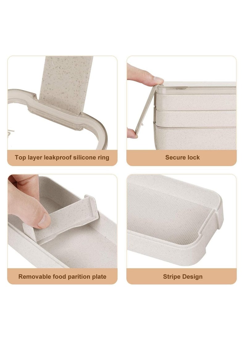 Arabest - Bento Box for Adults, 3-In-1 Meal Prep Container, 900ML Japanese Lunch Box with Compartment, Wheat Straw, Leak-proof, Spoon & Fork, BPA-free (Beige) - Image 1