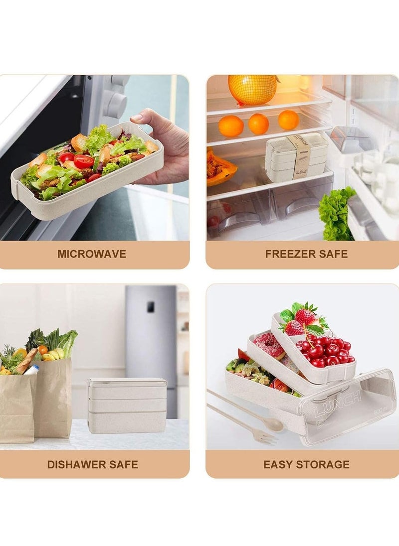 Arabest - Bento Box for Adults, 3-In-1 Meal Prep Container, 900ML Japanese Lunch Box with Compartment, Wheat Straw, Leak-proof, Spoon & Fork, BPA-free (Beige) - Image 1