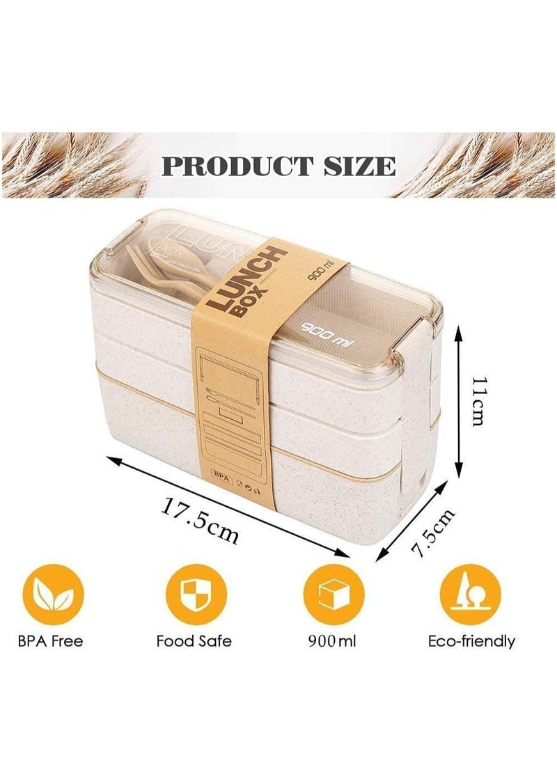 Arabest - Bento Box for Adults, 3-In-1 Meal Prep Container, 900ML Japanese Lunch Box with Compartment, Wheat Straw, Leak-proof, Spoon & Fork, BPA-free (Beige) - Image 1