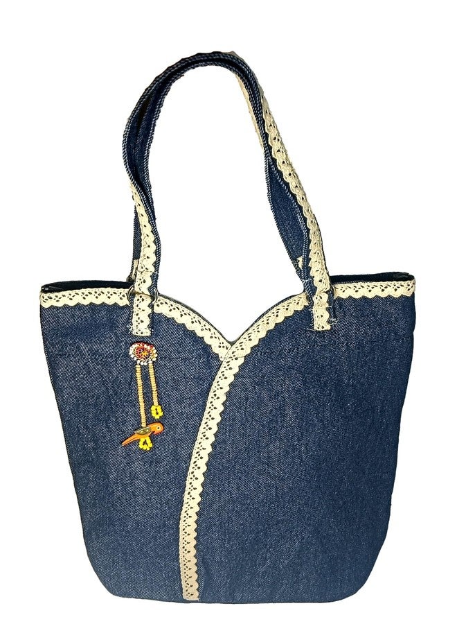 ATHZ Tote Bag for Women- Denim Scoop Tote | Deep Blue with Crochet Handles & Parrot Charm | Spacious Casual Shoulder Bag for Shopping, Office & Travel - Image 1