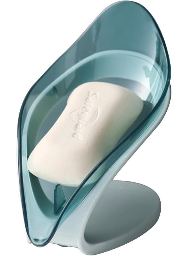 ECVV Leaf Soap Holder Creative Suction Cup Soap Dish Self Draining Bar Soap For Bathroom Shower Portable Leaf Soap Holder Plastic Sponge Tray For Kitchen Bathroom Accessories- Transparent Blue Transparent Blue - Image 1