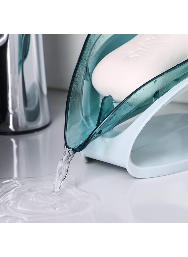 ECVV Leaf Soap Holder Creative Suction Cup Soap Dish Self Draining Bar Soap For Bathroom Shower Portable Leaf Soap Holder Plastic Sponge Tray For Kitchen Bathroom Accessories- Transparent Blue Transparent Blue - Image 2