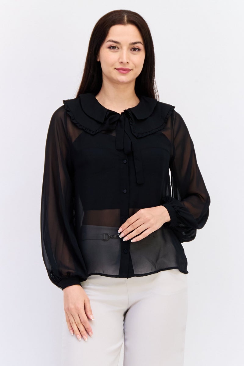 KOTON بلوزة نسائية بأكمام طويلة وياقة متموجة، سوداء - Image 1