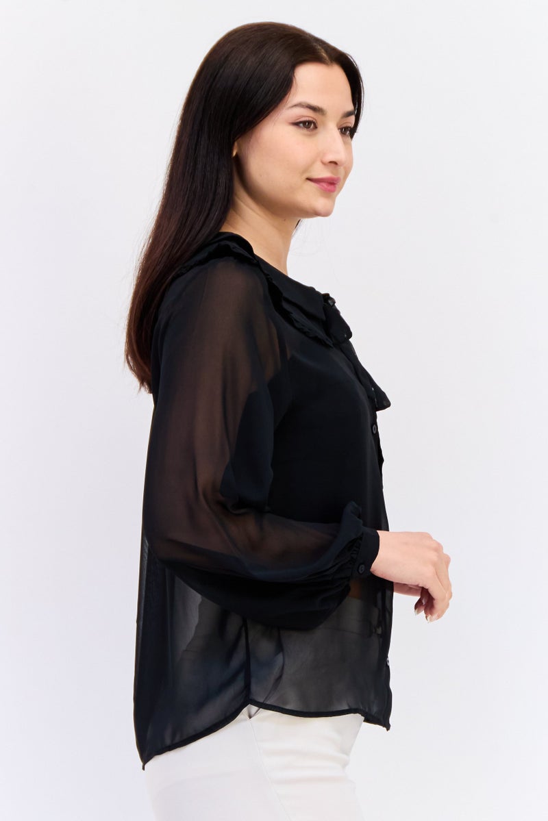 KOTON بلوزة نسائية بأكمام طويلة وياقة متموجة، سوداء - Image 3