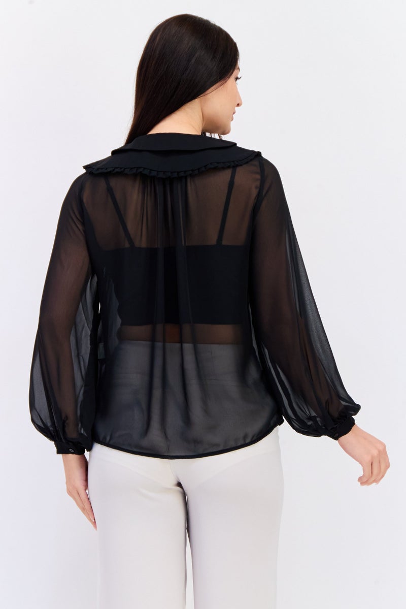 KOTON بلوزة نسائية بأكمام طويلة وياقة متموجة، سوداء - Image 4