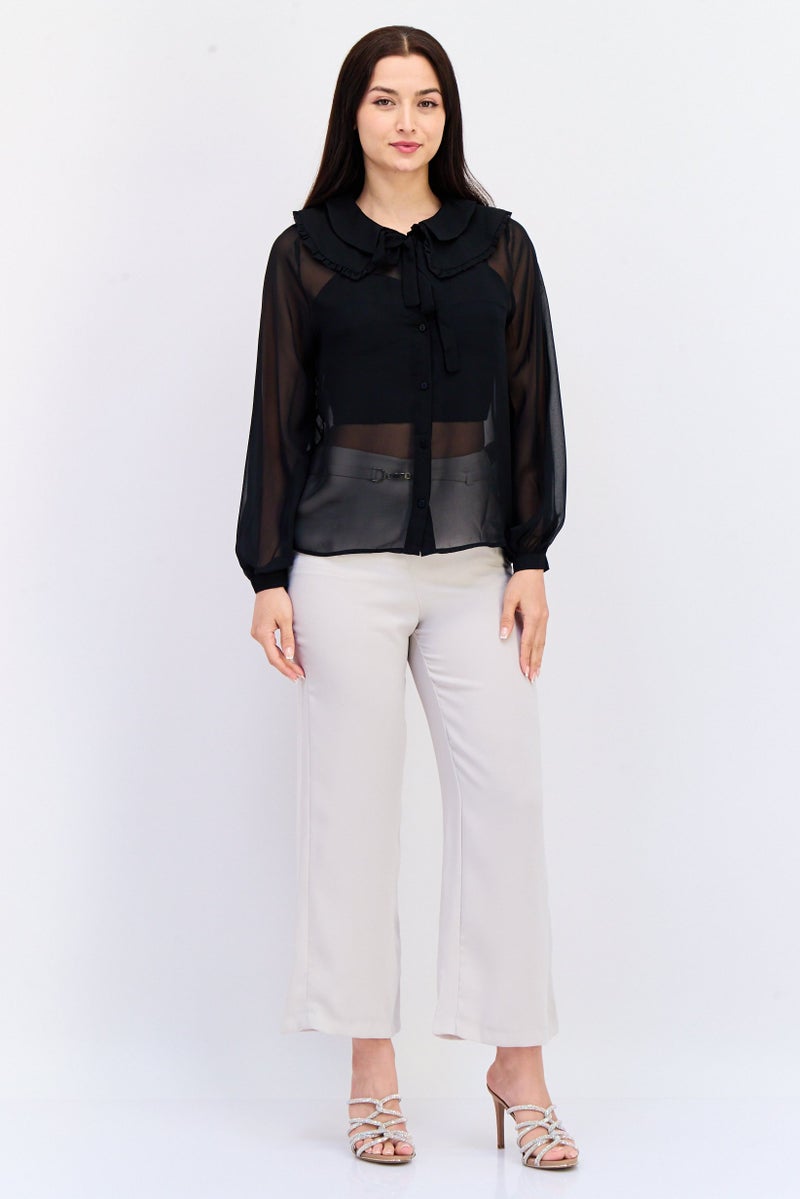 KOTON بلوزة نسائية بأكمام طويلة وياقة متموجة، سوداء - Image 2