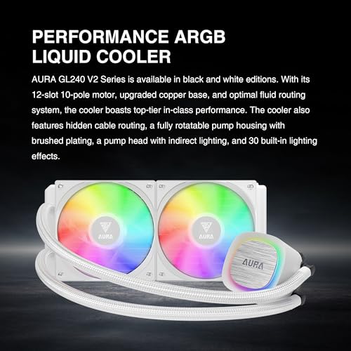 GAMDIAS AURA GL240 V2 240mm AIO Liquid CPU Cooler, Rotatable Pump Cover, 2 x 120mm Hidden Cable ARGB PWM Fans, Daisy-Chained, Support Low-Noise PWM & ARGB Sync, Intel LGA 1851/1700, AMD AM5/AM4, White - Image 2