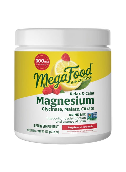 MegaFood Relax + Calm Magnesium  GLYCINATE, MALATE, CITRATE, DRINK MIX, SUPPORTS MUSCLE FUNCTION AND SENSE OF CALM, DIETARY SUPPLEMENT,50 SERVINGS / NET WT. 200G (7.05 OZ) RASPBERRY LEMONADE, FLAVOR WITH OTHJER NATURAL FLAVORS.