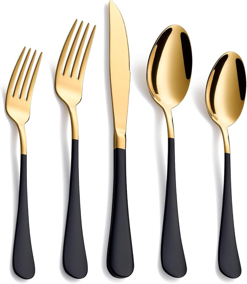 Moxinox 20-Piece Black & Gold Silverware Set, 18/0 Stainless Steel Colorful Handle Flatware Set, Service for 4, Modern Cutlery Set Includes Dinner Knives Forks Spoons, Mirror Polished, Dishwasher Safe - Image 1