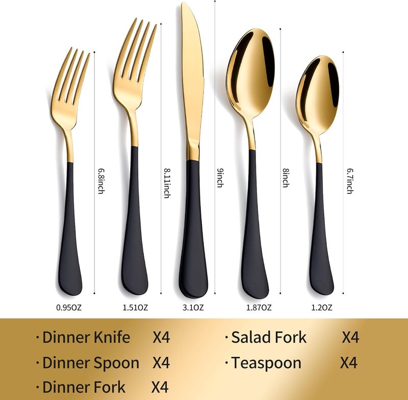 Moxinox 20-Piece Black & Gold Silverware Set, 18/0 Stainless Steel Colorful Handle Flatware Set, Service for 4, Modern Cutlery Set Includes Dinner Knives Forks Spoons, Mirror Polished, Dishwasher Safe - Image 2