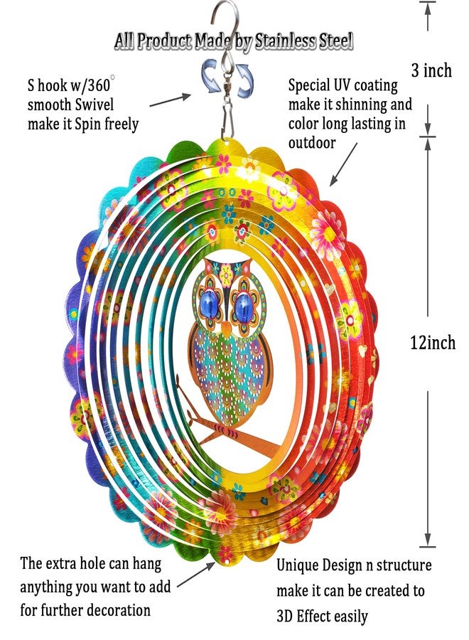 FONMY Wind Spinner Mandala Owl 12 inch 3D Stainless Steel Laser Cut Metal Art Geometric Pattern Hanging Wind Spinner, Kinetic Yard Art Decorations - Indoor/Outdoor Décor - Image 5