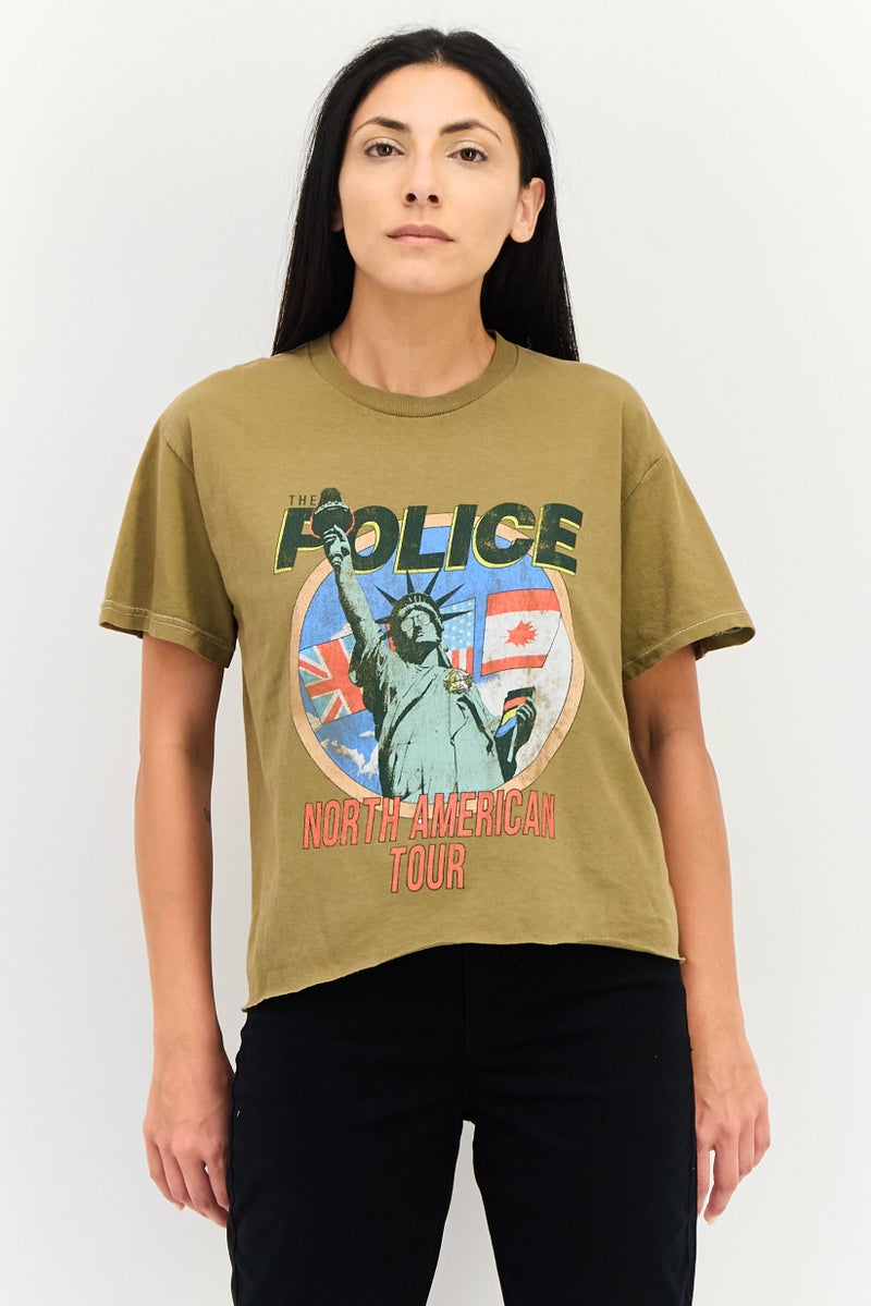 FOREVER 21 Women Crew Neck Graphic Print Short Sleeve T-Shirt, Khaki - Image 1