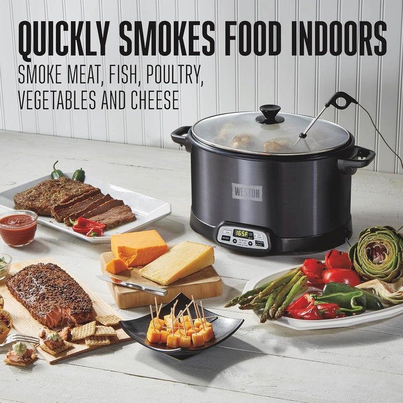 WESTON 2in1 Programmable Slow Cooker  Electric Indoor Smoker 6 Quart 3Tier Smoking Rack for Meat Cheese and More Dishwasher Safe Crock Temperature Probe Includes 16 oz Party Dipper Black - Image 2