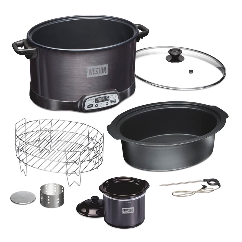 WESTON 2in1 Programmable Slow Cooker  Electric Indoor Smoker 6 Quart 3Tier Smoking Rack for Meat Cheese and More Dishwasher Safe Crock Temperature Probe Includes 16 oz Party Dipper Black - Image 1