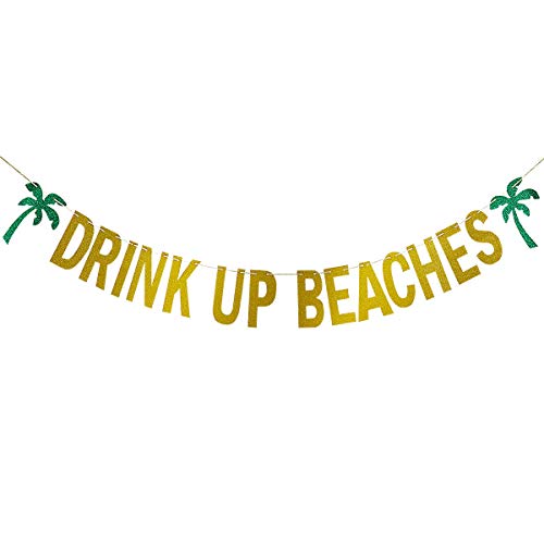 Festiko®Gold Glittery Drink Up Beaches Coconut Tree Banner- Hawaii Luau Summer Beach Party Decoration Supplies - Image 1