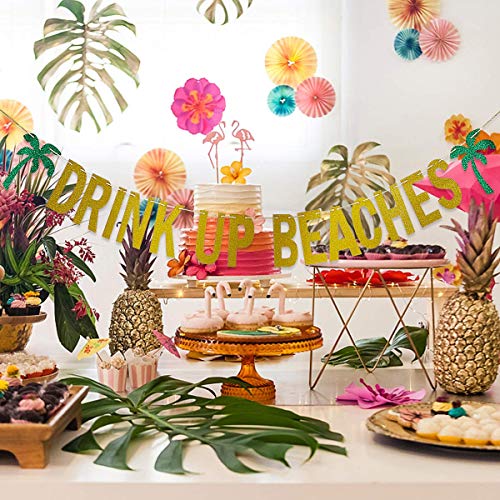 Festiko®Gold Glittery Drink Up Beaches Coconut Tree Banner- Hawaii Luau Summer Beach Party Decoration Supplies - Image 3