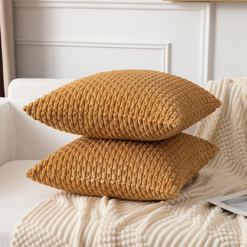 K KEVIN TEXTILE Kevin Textile Throw Pillow Covers Soft Corduroy Decorative Set of 2 Boho Striped Pillow Covers Pillowcases Farmhouse Home Decor for Couch Bed Sofa Living Room 20x20 Inch Gold  - Image 4