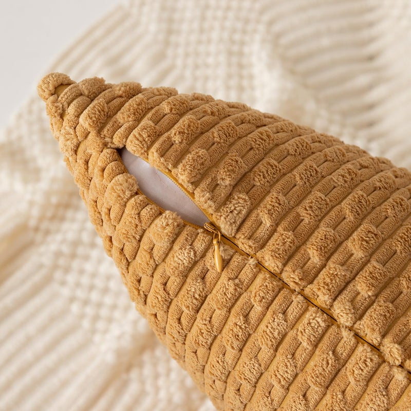 K KEVIN TEXTILE Kevin Textile Throw Pillow Covers Soft Corduroy Decorative Set of 2 Boho Striped Pillow Covers Pillowcases Farmhouse Home Decor for Couch Bed Sofa Living Room 20x20 Inch Gold  - Image 2