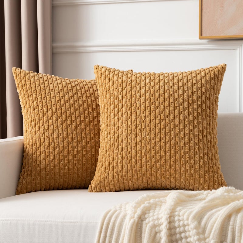 K KEVIN TEXTILE Kevin Textile Throw Pillow Covers Soft Corduroy Decorative Set of 2 Boho Striped Pillow Covers Pillowcases Farmhouse Home Decor for Couch Bed Sofa Living Room 20x20 Inch Gold  - Image 1