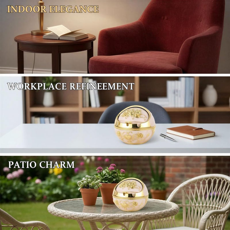 Vintage White Silver Rose Ashtray with Lid, Long-Lasting Zinc Alloy Smokeless Ashtray, Decorative Home Office Indoor Outdoor Patio Retro Design Ash Holder, 2.8 x 3.3 in / 7 x 8.5 cm - Image 2
