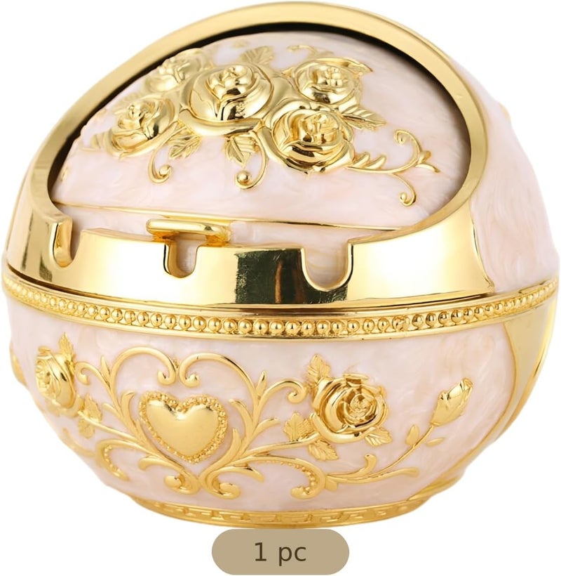 Vintage White Silver Rose Ashtray with Lid, Long-Lasting Zinc Alloy Smokeless Ashtray, Decorative Home Office Indoor Outdoor Patio Retro Design Ash Holder, 2.8 x 3.3 in / 7 x 8.5 cm - Image 3