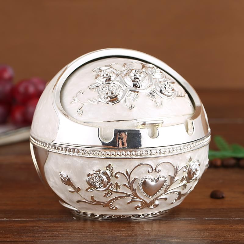 Vintage White Silver Rose Ashtray with Lid, Long-Lasting Zinc Alloy Smokeless Ashtray, Decorative Home Office Indoor Outdoor Patio Retro Design Ash Holder, 2.8 x 3.3 in / 7 x 8.5 cm - Image 1