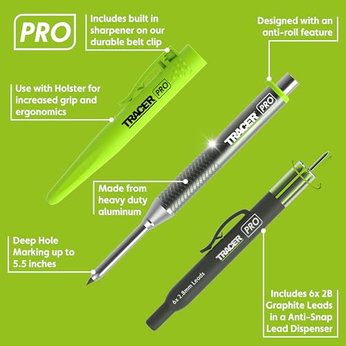 Tracer Pro Aluminum Deep Hole Construction Pencil - Durable Mechanical Carpenter Pencils Set with Sharpener & 6 Replacement Leads Holster Woodworking Marking Tool Contractor Pencil Kit - Image 2