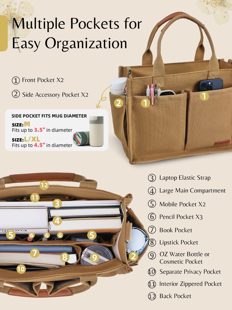 BESBESME Canvas Tote Bag for Women with Zipper, Compartments & Luggage Sleeve, Work and College Crossbody Bag, Adjustable Strap, Laptop Purse for Teacher, Nurse, Travel, Bible Study, Khaki M - Image 4