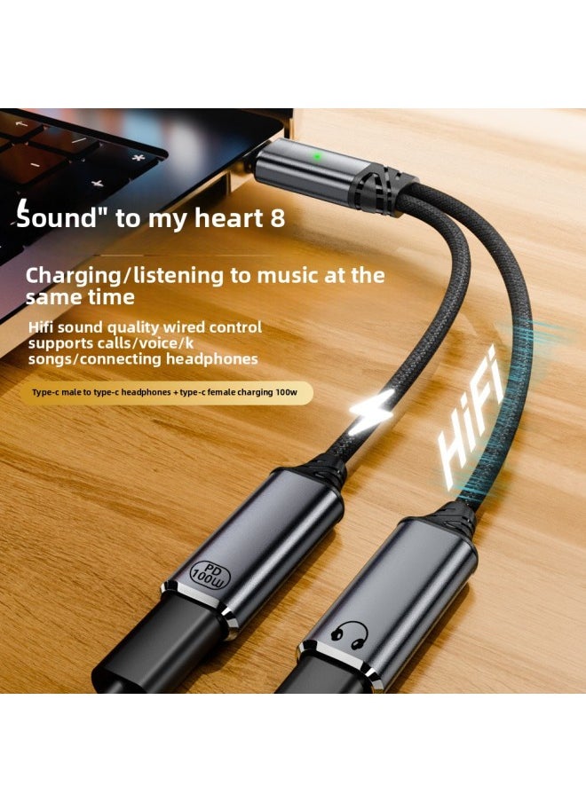 Generic Type-c 1-2 Audio Line C Headset Adapter Audio Charging 2-in -1 Data Line PD100W-Color:Type-c Male To Type-c Audio + Type-c Fast Charging Gray  - Image 4