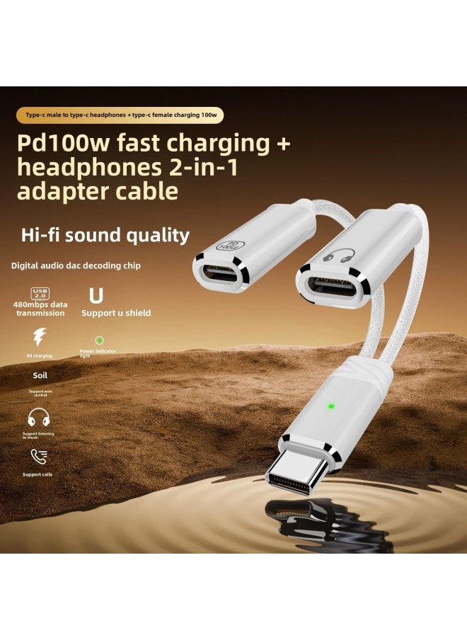 Generic Type-c 1-2 Audio Line C Headset Adapter Audio Charging 2-in -1 Data Line PD100W-Color:Type-c Male To Type-c Audio + Type-c Fast Charging Gray  - Image 2