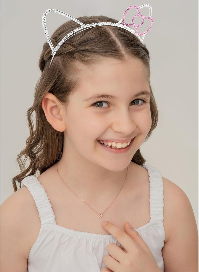 Chanaco Cat Ears Headbands Kitty Party Favors Birthday Decorations Metal Rhinestones Silver Gabby Hair Accessories Pink Bow Cat Headpieces Cute Gifts - Image 3