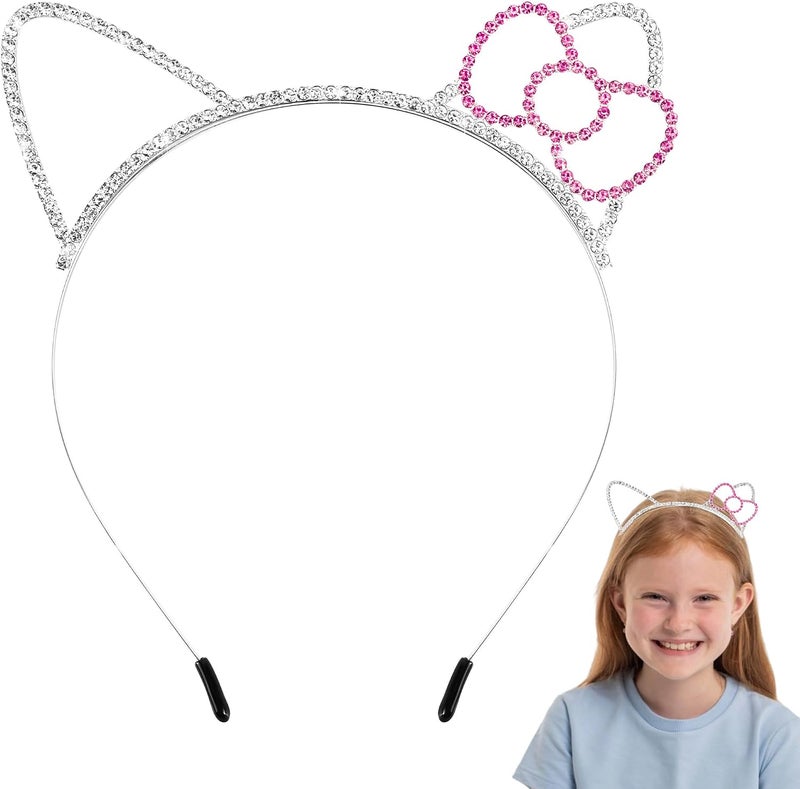 Chanaco Cat Ears Headbands Kitty Party Favors Birthday Decorations Metal Rhinestones Silver Gabby Hair Accessories Pink Bow Cat Headpieces Cute Gifts - Image 1