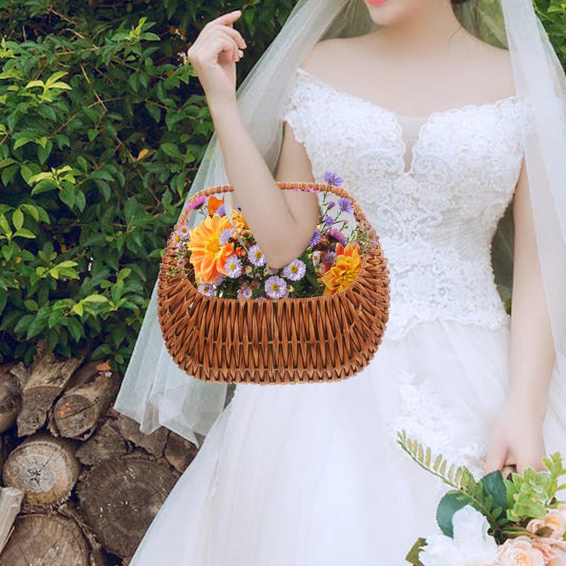 سلة من خوص رتان منسوج باللون البني مع مقبض لتخزين زهور الزفاف وديكور المنزل - Image 5
