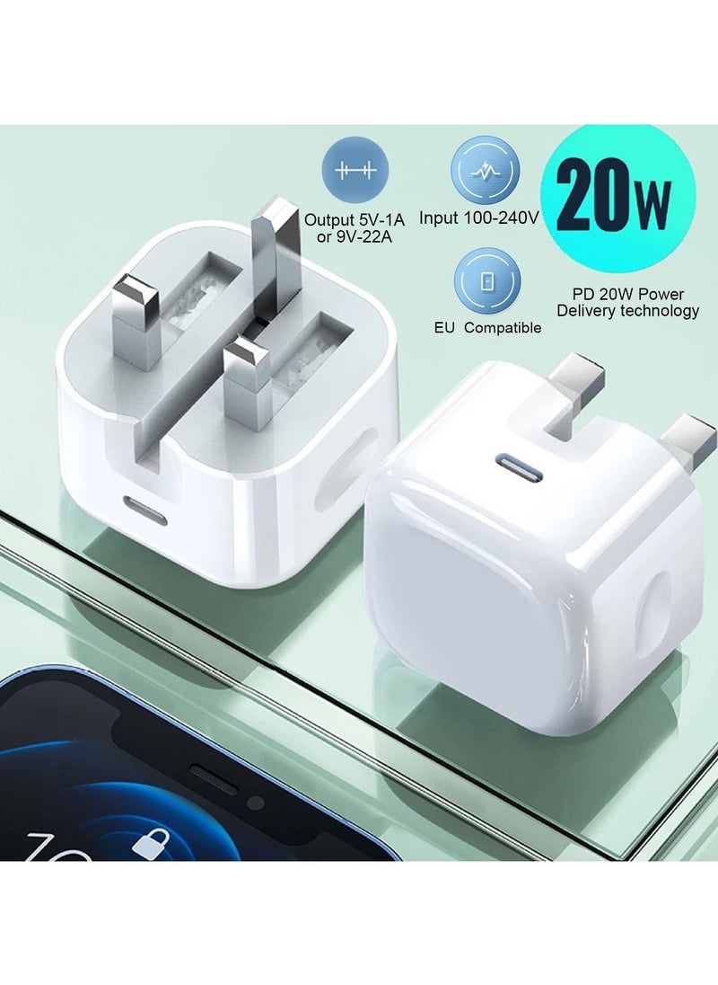 Generic - Pack of 2 20W USB C Fast Chargers for   iPhone Charger, 1.5M Cable and Plug for iPhone 11 X XS XR 8 7 SE 6 6S 5 5S 5C 12 13 14 Pro Max Mini, iPad, AirPods, USB UK Wall Charging Adaptor Cord Lead - Image 1