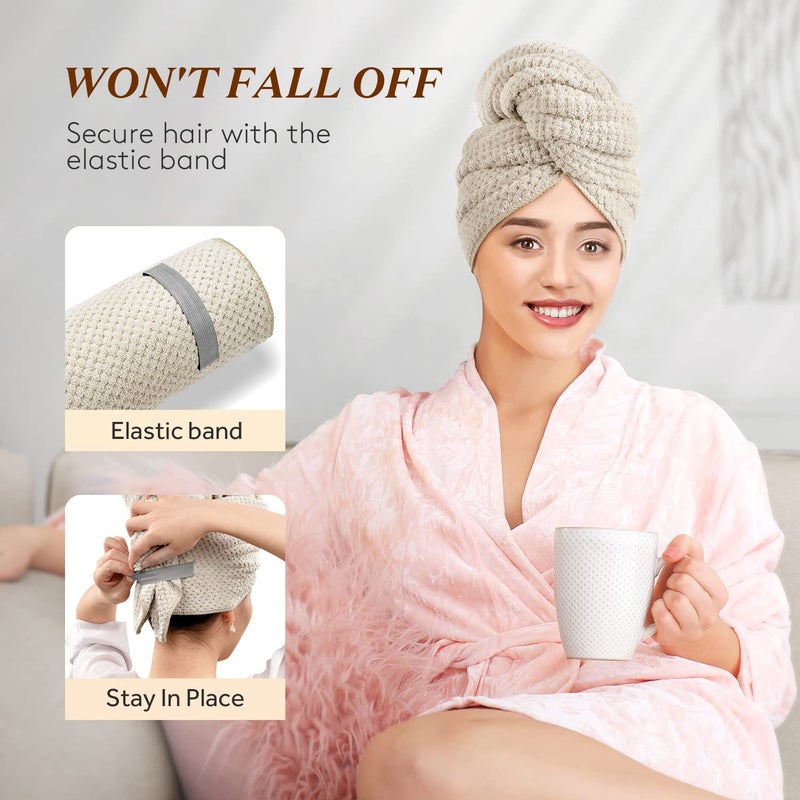 YFONG Large Hair Towel Wrap for Women, Super Absorbent Microfiber Hair Towel for Curly Hair, Fast Drying Hair Turbans with Elastic,Hair Drying Towel Wrap for Hair Care 26.3" X 40" (Camel) - Image 4
