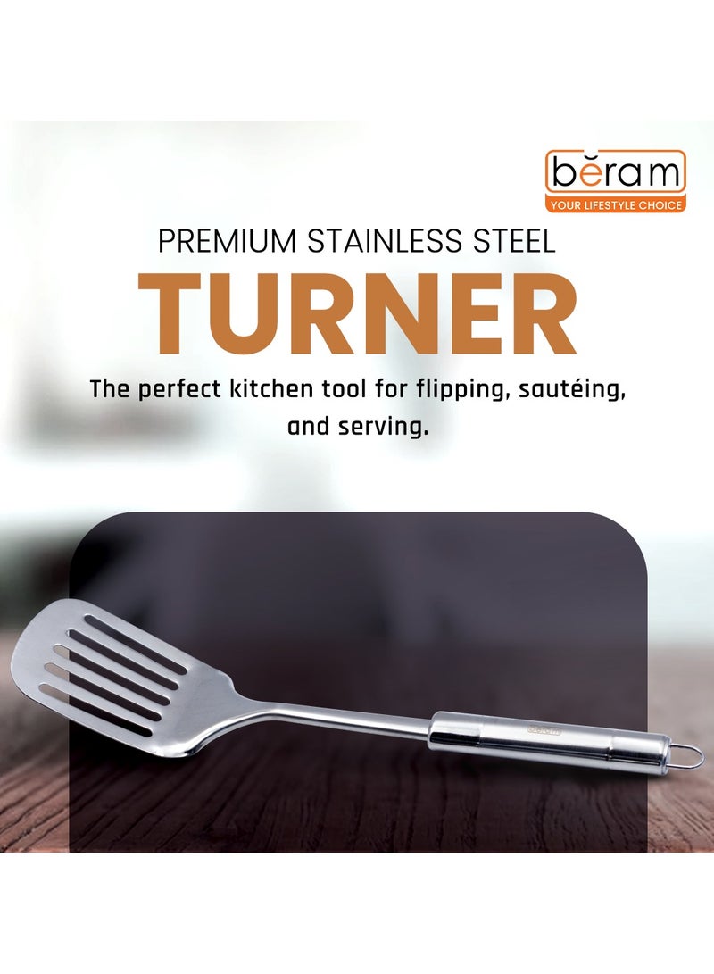 Beram Stainless Steel Turner, Matte Finish Cooking Utensils, Slotted Spatula, Kitchen Tools, 100% Food Grade, Cooking Spoon for Pancakes and More Silver - Image 2