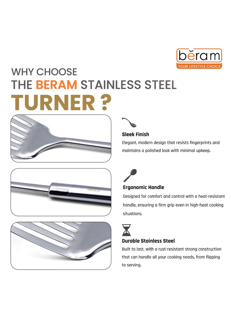 Beram Stainless Steel Turner, Matte Finish Cooking Utensils, Slotted Spatula, Kitchen Tools, 100% Food Grade, Cooking Spoon for Pancakes and More Silver - Image 3