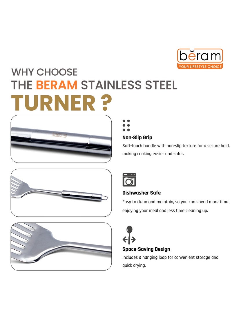 Beram Stainless Steel Turner, Matte Finish Cooking Utensils, Slotted Spatula, Kitchen Tools, 100% Food Grade, Cooking Spoon for Pancakes and More Silver - Image 4