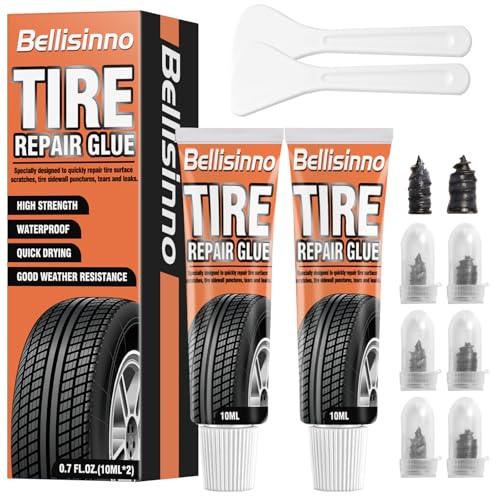 Bellisinno Tire Repair Glue, Sidewall Rubber Cement Kit, Two Sizes Nail, Suitable for Bike, Car, Motorcycle, Off-Road, Truck, Tractor, Black, 10ml*2 - Image 1