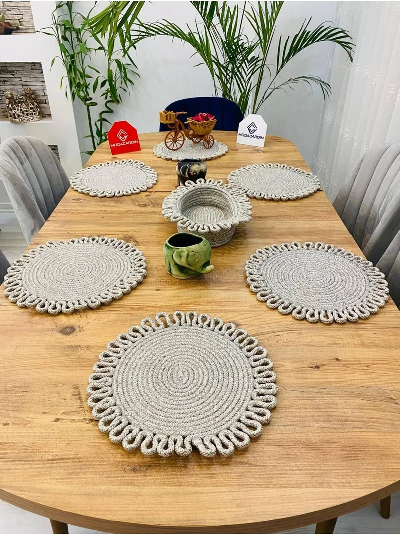 BDZ Deri BDZ Leather Wicker Jute Presentation Plate Mat American Service and Basket 7 Pieces